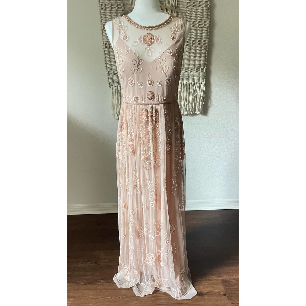 BHLDN Adrianna Papell Abbington Pink Blush Beaded Gown NWT Size 12 - Picture 6 of 16